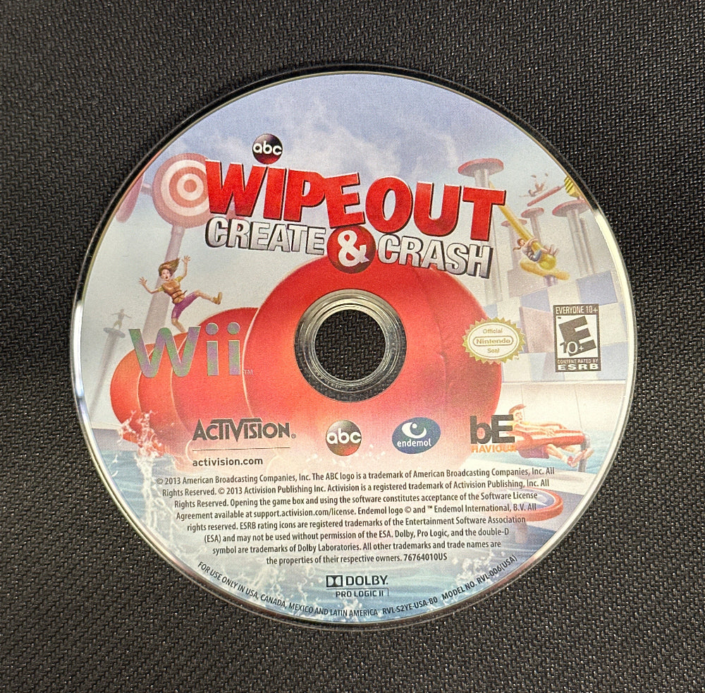 Wii game disc for 'Wipeout: Create & Crash' on a black textured background