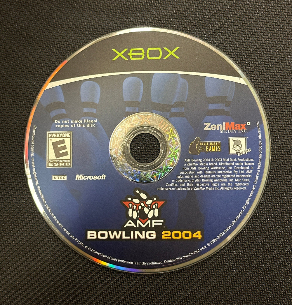 Xbox game disc for 'AMF Bowling 2004' on a black textured background