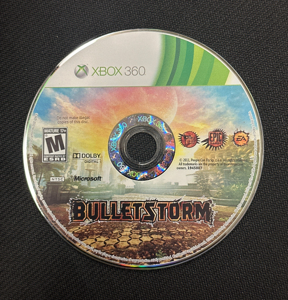 Game disc for 'Bulletstorm' on Xbox 360 with colorful design and branding.
