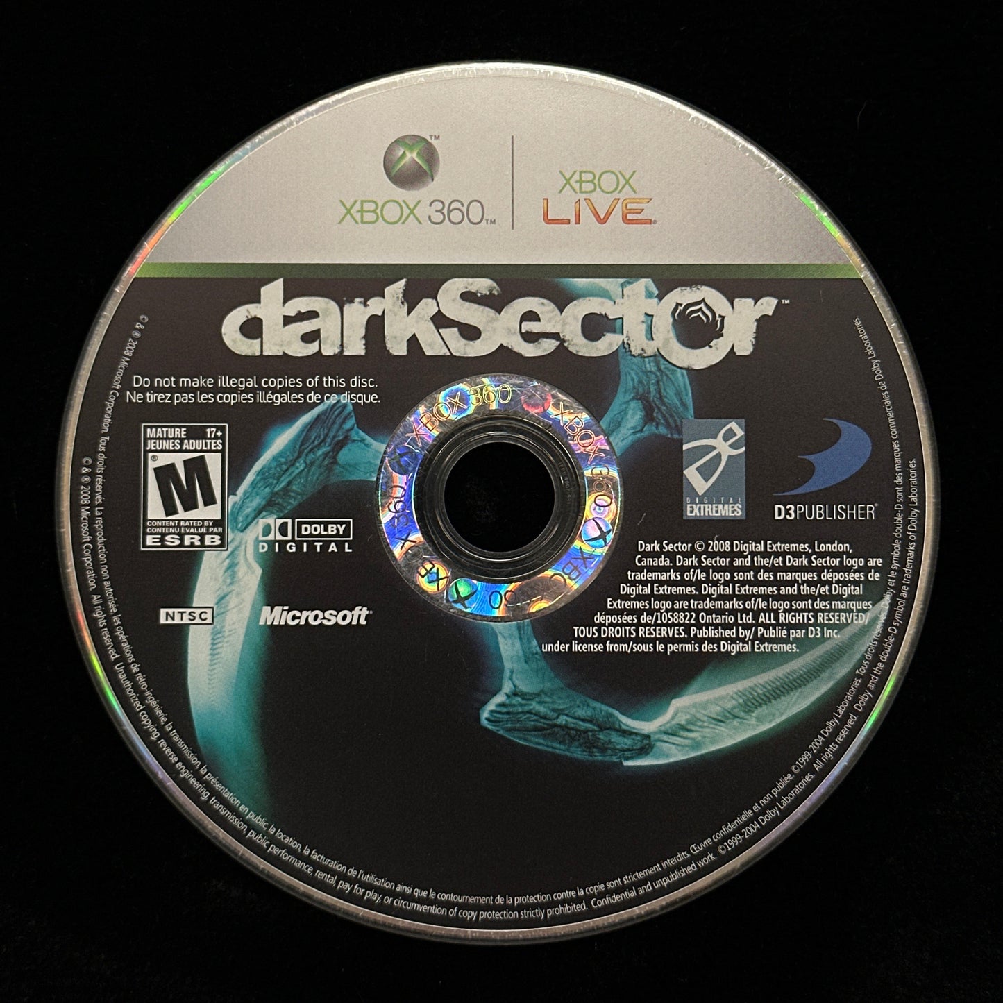 Game disc for 'darkSector' with Xbox Live and Microsoft branding on a black background