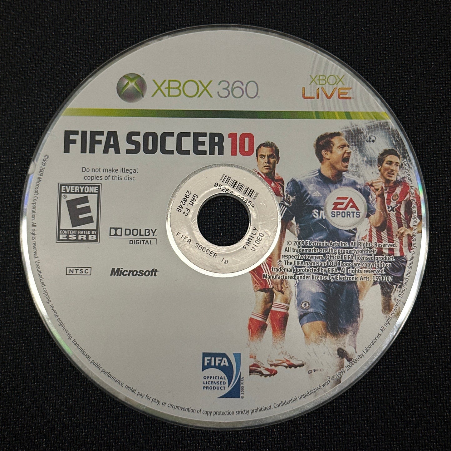 FIFA Soccer 10 game disc for Xbox 360 on a black background