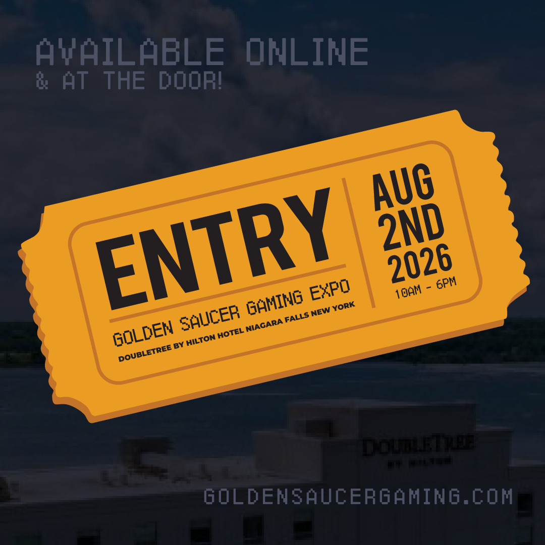 Yellow entry ticket for Golden Saucer Gaming Expo with event details on a dark background