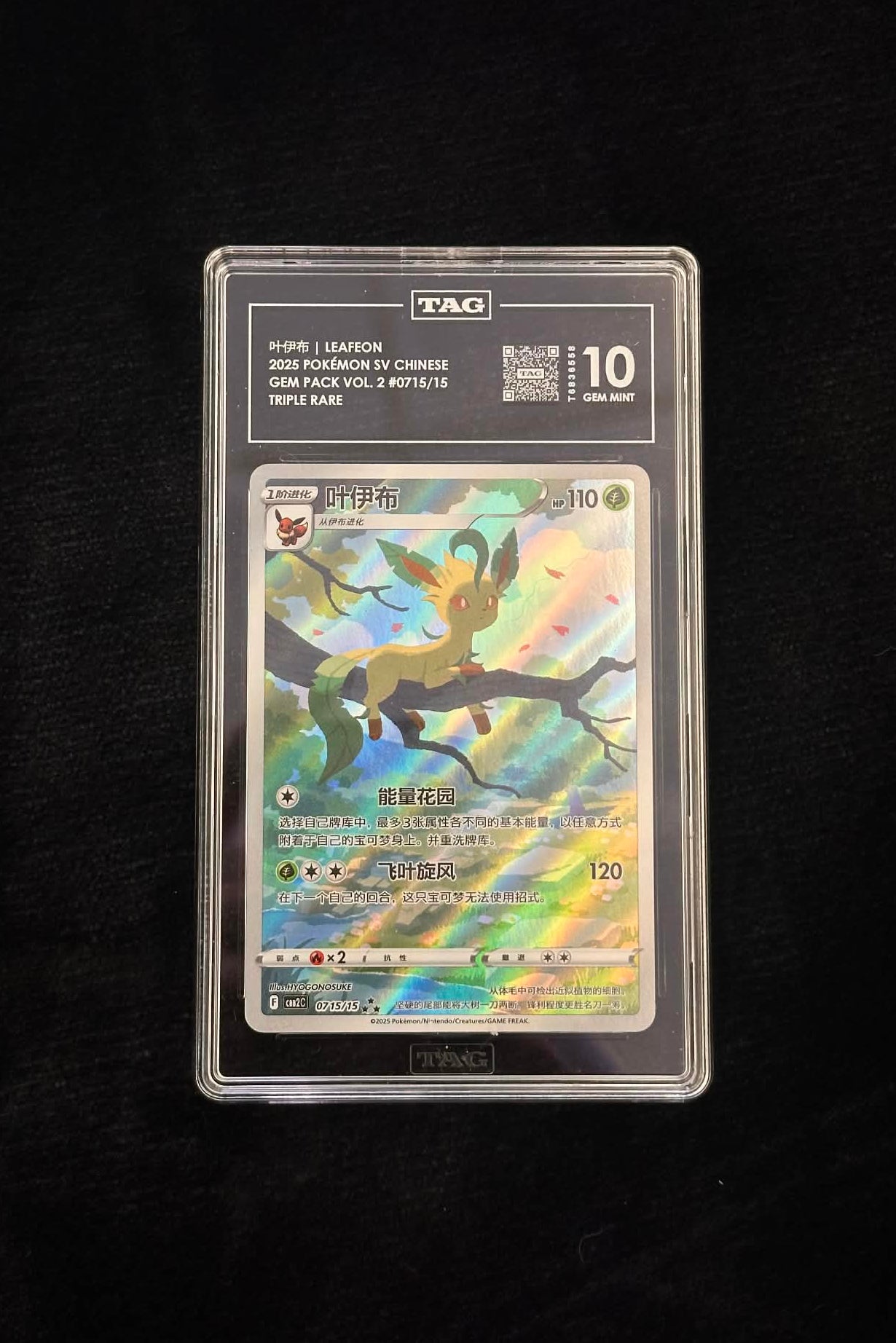 Trading card in a protective case on a dark background