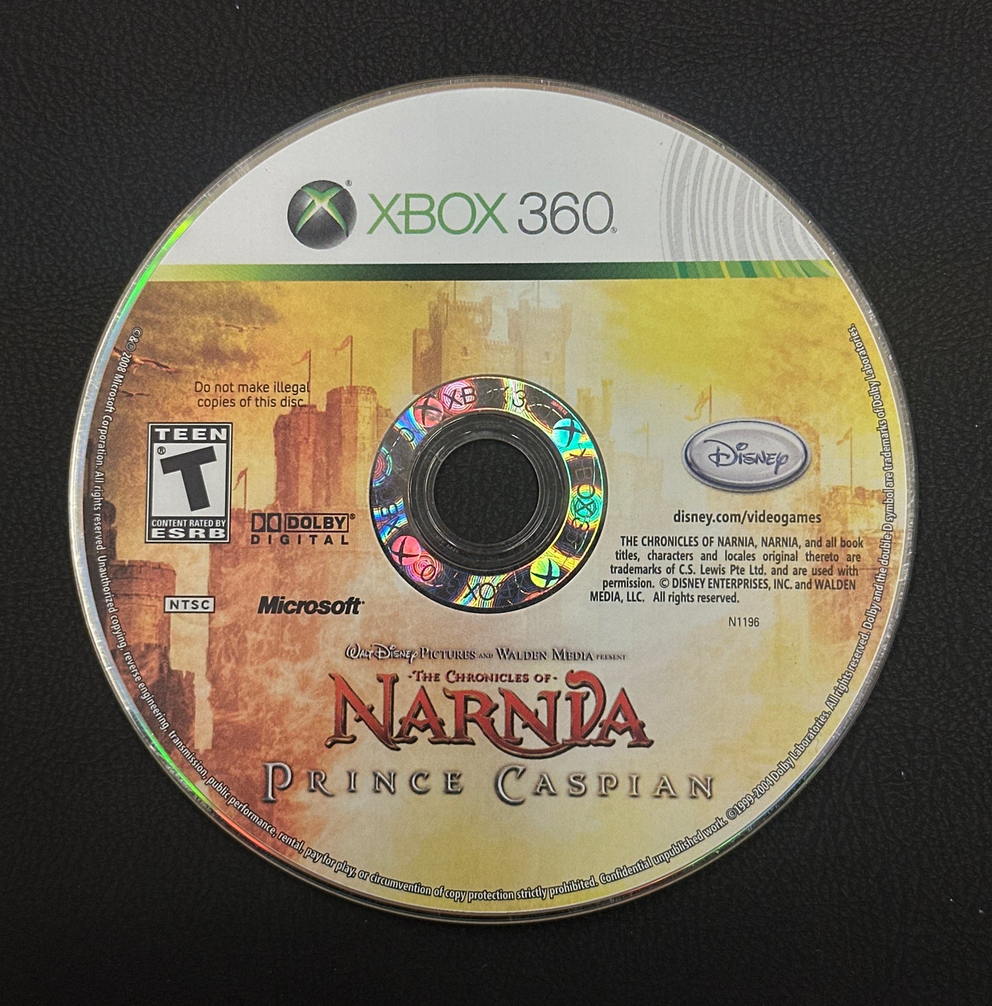 Xbox 360 game disc for 'The Chronicles of Narnia: Prince Caspian' on a black background