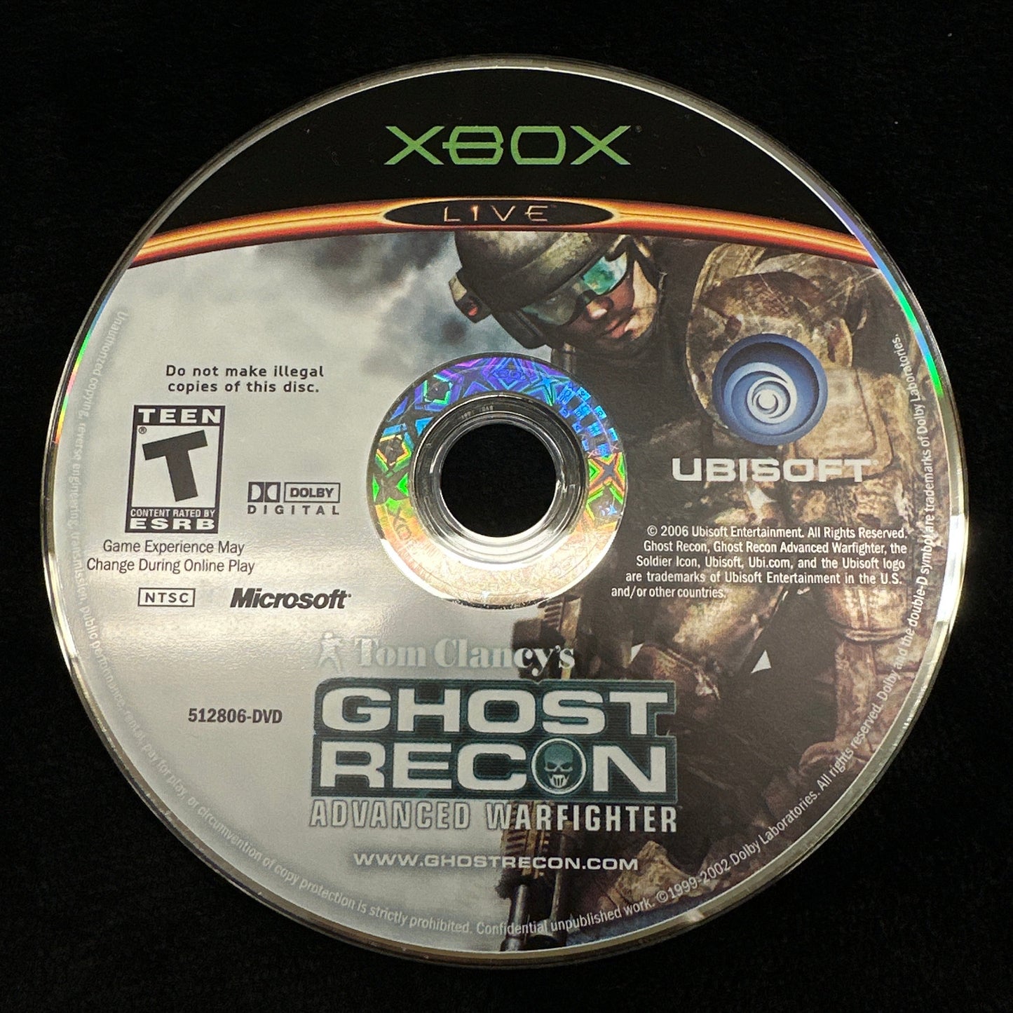 Game disc for 'Ghost Recon: Advanced Warfighter' on an Xbox console.