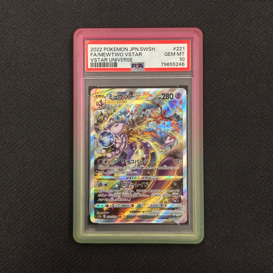 Pokémon trading card in a protective case on a dark background