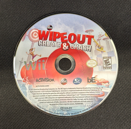 Wii game disc for 'Wipeout: Create & Crash' on a black textured background