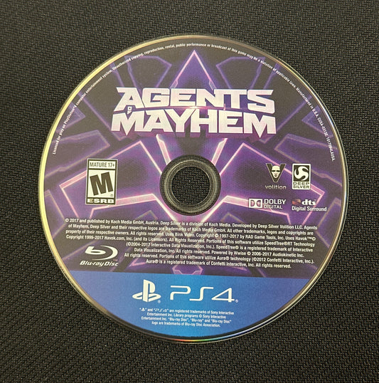 Game disc for 'Agents of Mayhem' on a black surface
