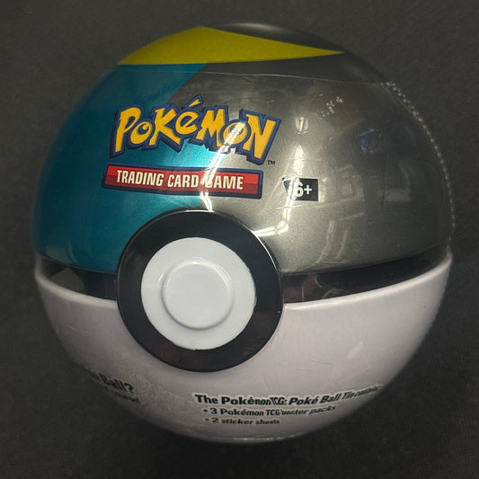 Poké Ball-shaped container with Pokémon branding on a dark background