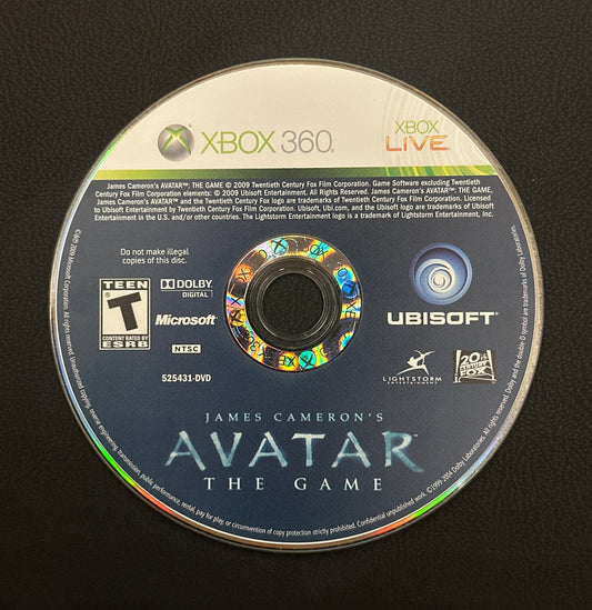 Game disc for 'Avatar: The Game' on Xbox 360 with Ubisoft branding