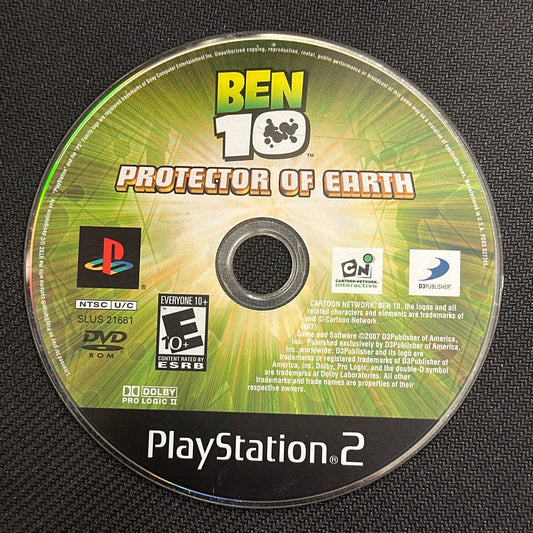 PlayStation 2 game disc for 'Ben 10: Protector of Earth' on a black textured background