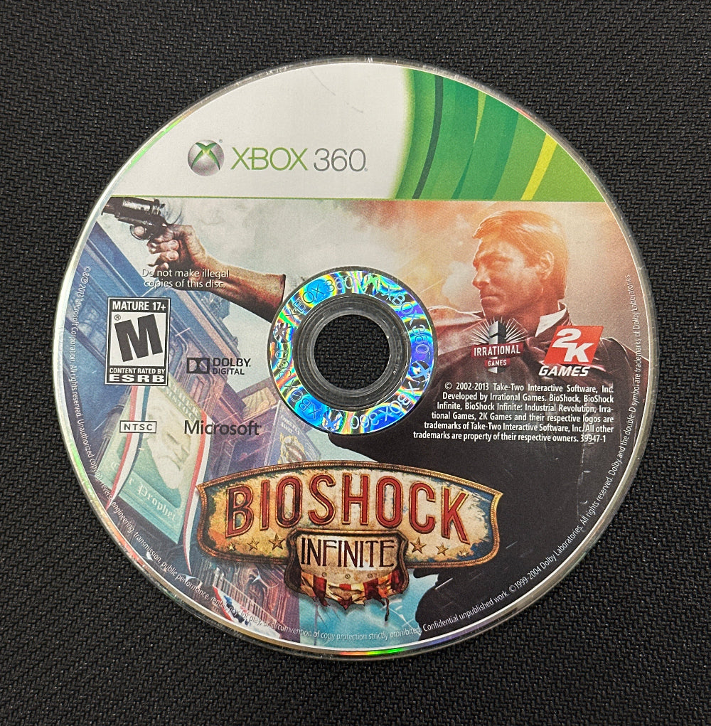 Game disc for 'BioShock Infinite' on an Xbox 360 console with a black background