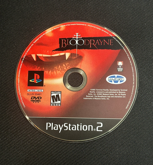 PlayStation 2 game disc with 'BloodRayne' on a black textured background