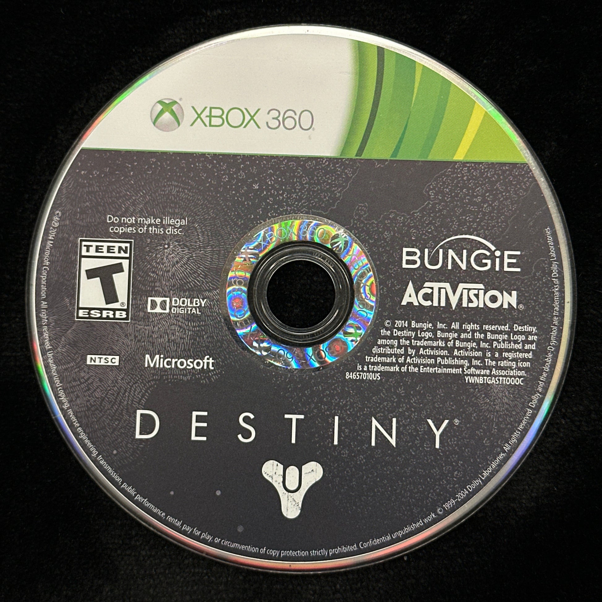 Game disc for 'Destiny' on Xbox 360 with Bungie and Activision branding.