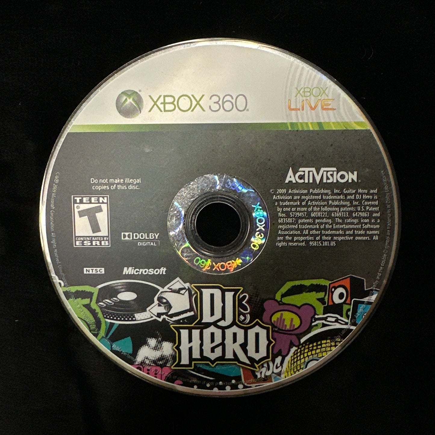 An Xbox 360 'DJ's Hero' game disc by Activision, displayed on a black background.