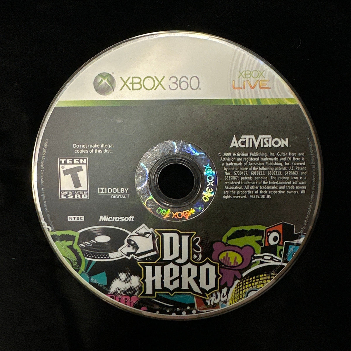 An Xbox 360 'DJ's Hero' game disc by Activision, displayed on a black background.