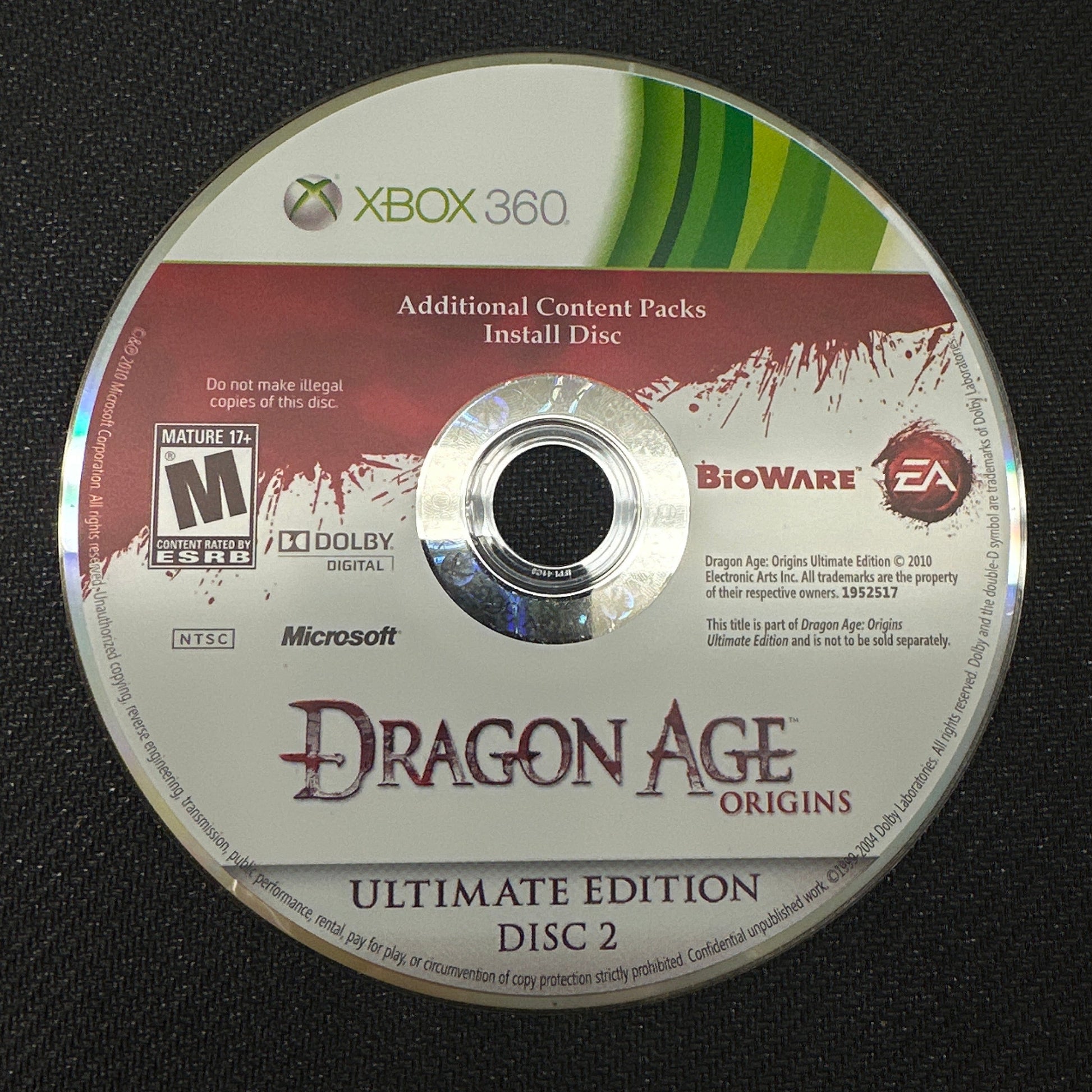 Dragon Age Origins Ultimate Edition Disc 2 for Xbox 360 on a black background