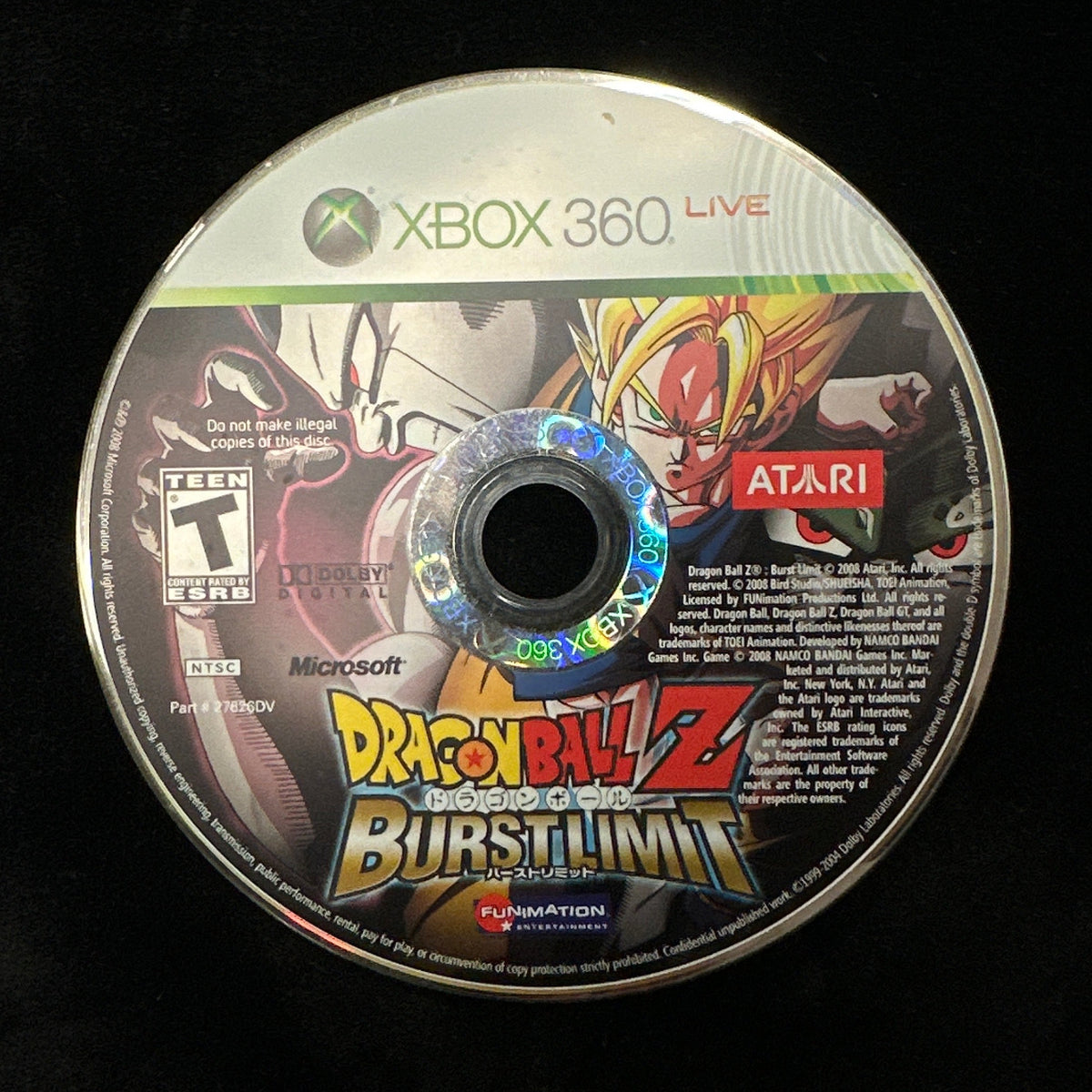 Xbox 360 Live Dragon Ball Z Burst Limit video game disc on a black background, showing the front cover art with visible Xbox 360, Atari, and Dragon Ball Z branding.