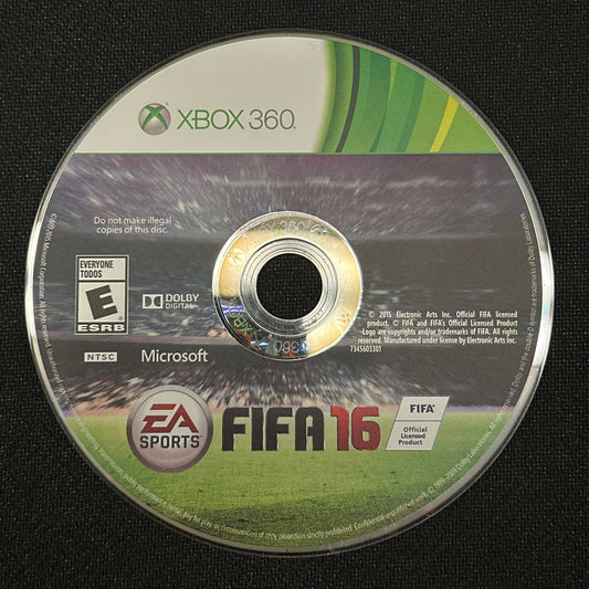 FIFA 16 game disc for Xbox 360 on a black background