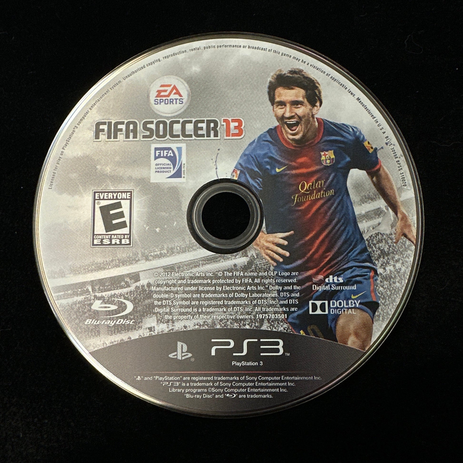 FIFA Soccer 13 game disc for PS3 on a black background