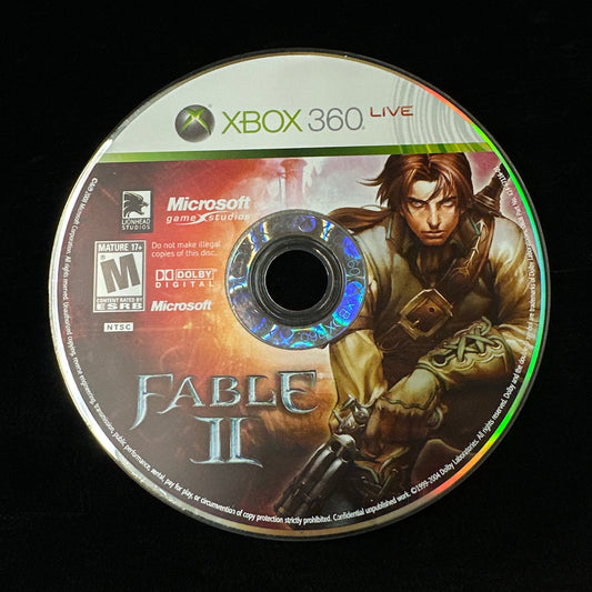 Game disc for 'Fable II' on Xbox 360 with character artwork on a black background