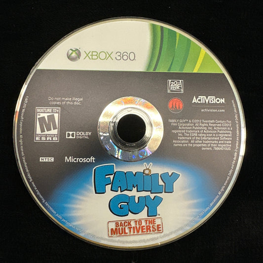 Game disc for 'Family Guy The Multiverse' on Xbox 360 with Activision branding on a black background