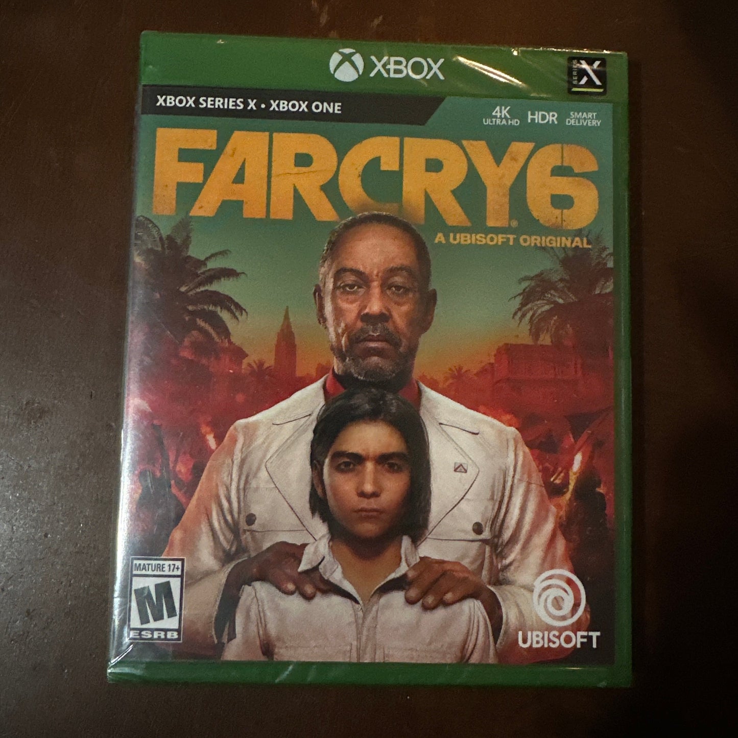Game box for 'Far Cry 6' on a dark surface
