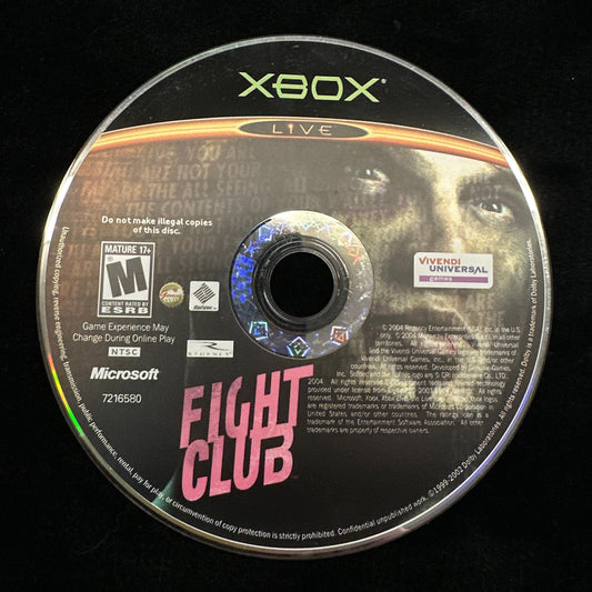Xbox game disc with 'Fight Club' cover art on a black background