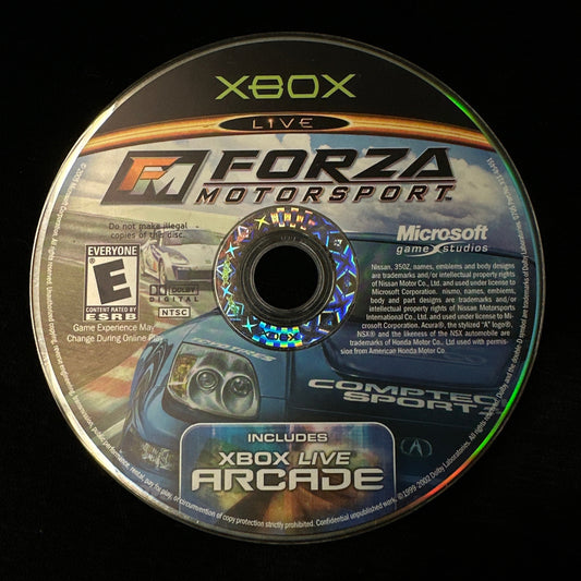 Game disc for 'Forza Motorsport' on Xbox with branding and game information.