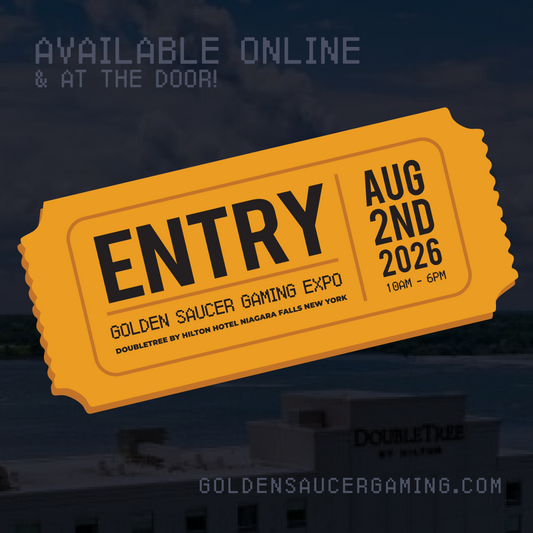 Yellow entry ticket for Golden Saucer Gaming Expo with event details on a dark background