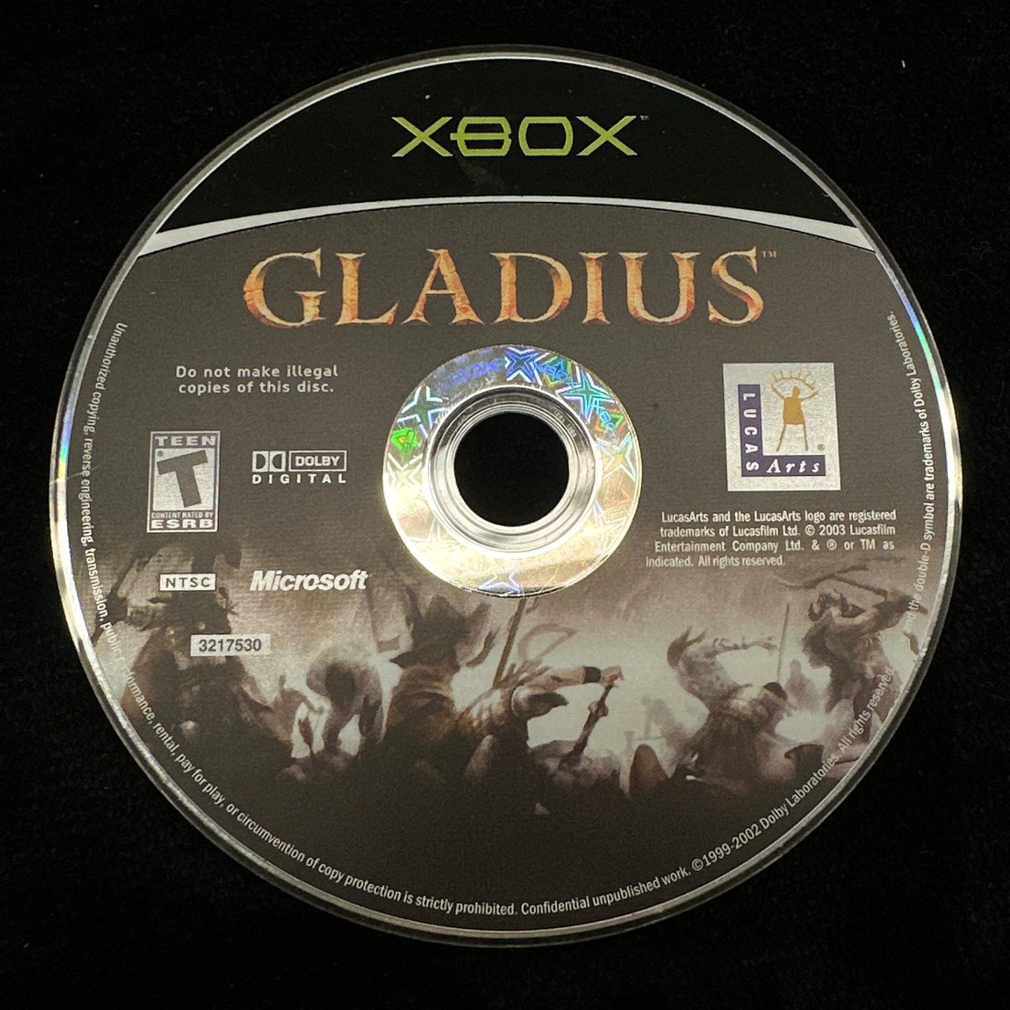 Xbox game disc labeled 'Gladius' on a black background