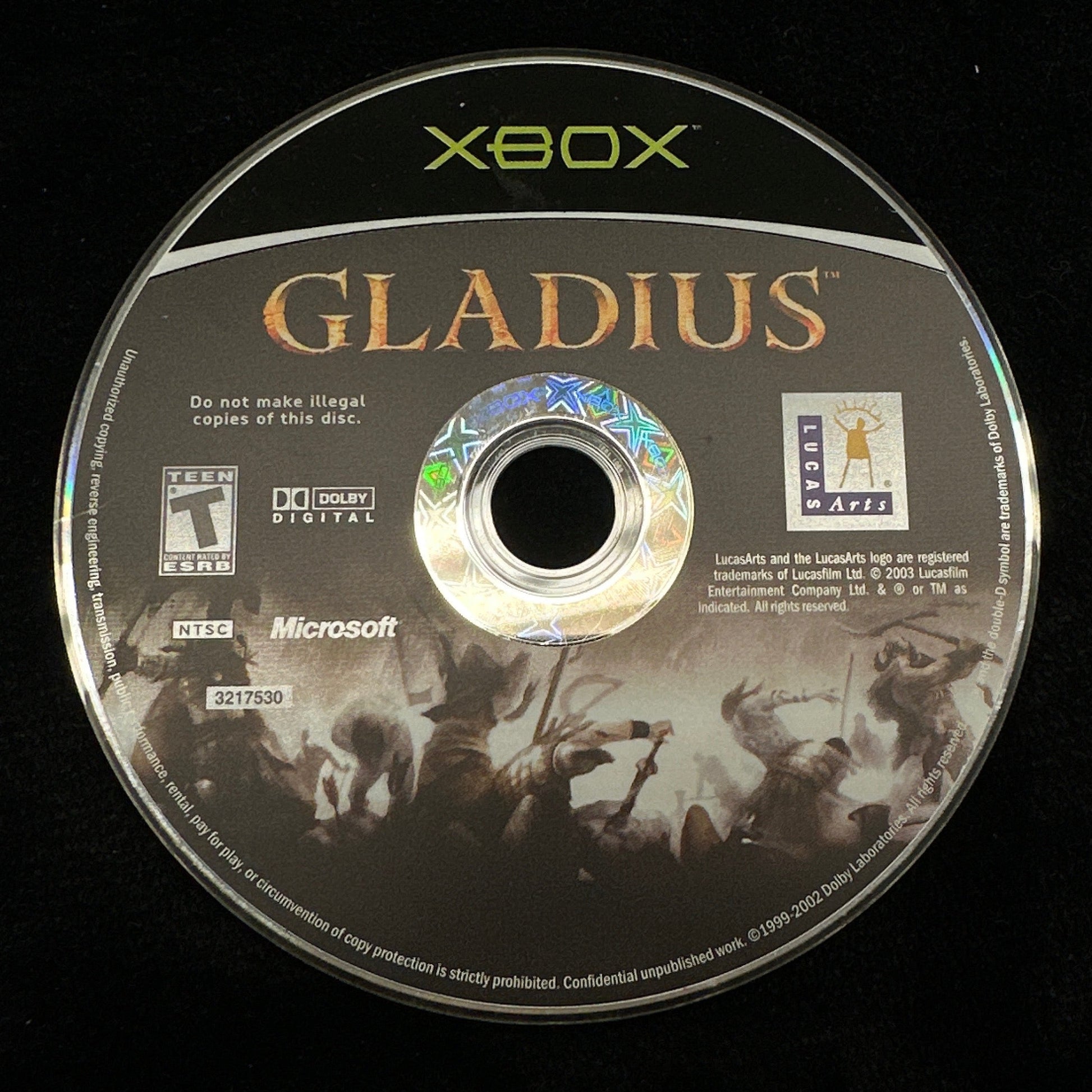 Xbox game disc labeled 'Gladius' on a black background