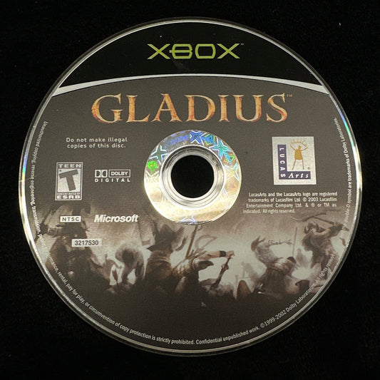 Xbox game disc labeled 'Gladius' on a black background
