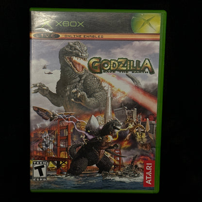 Xbox game case for 'Godzilla' on a black background