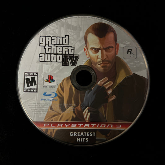 A PlayStation 3 Greatest Hits Grand Theft Auto IV Blu-ray game disc shown against a solid black background.