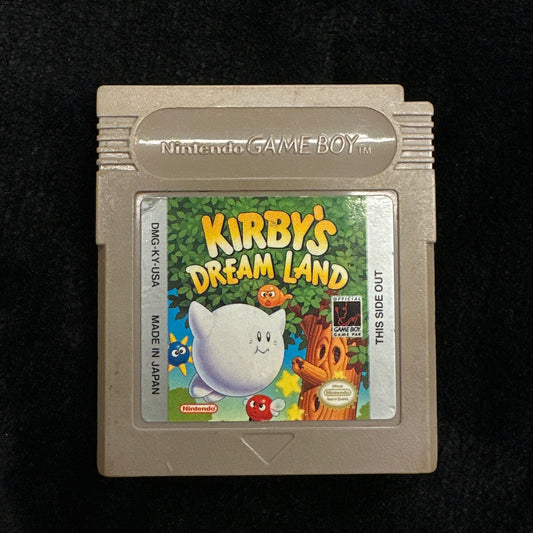 Game cartridge for 'Kirby's Dream Land' on a black background