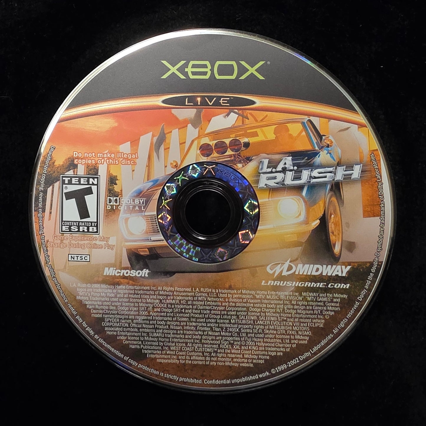 Xbox Live video game disc for 'La Rush' by Midway, displayed on a black surface.