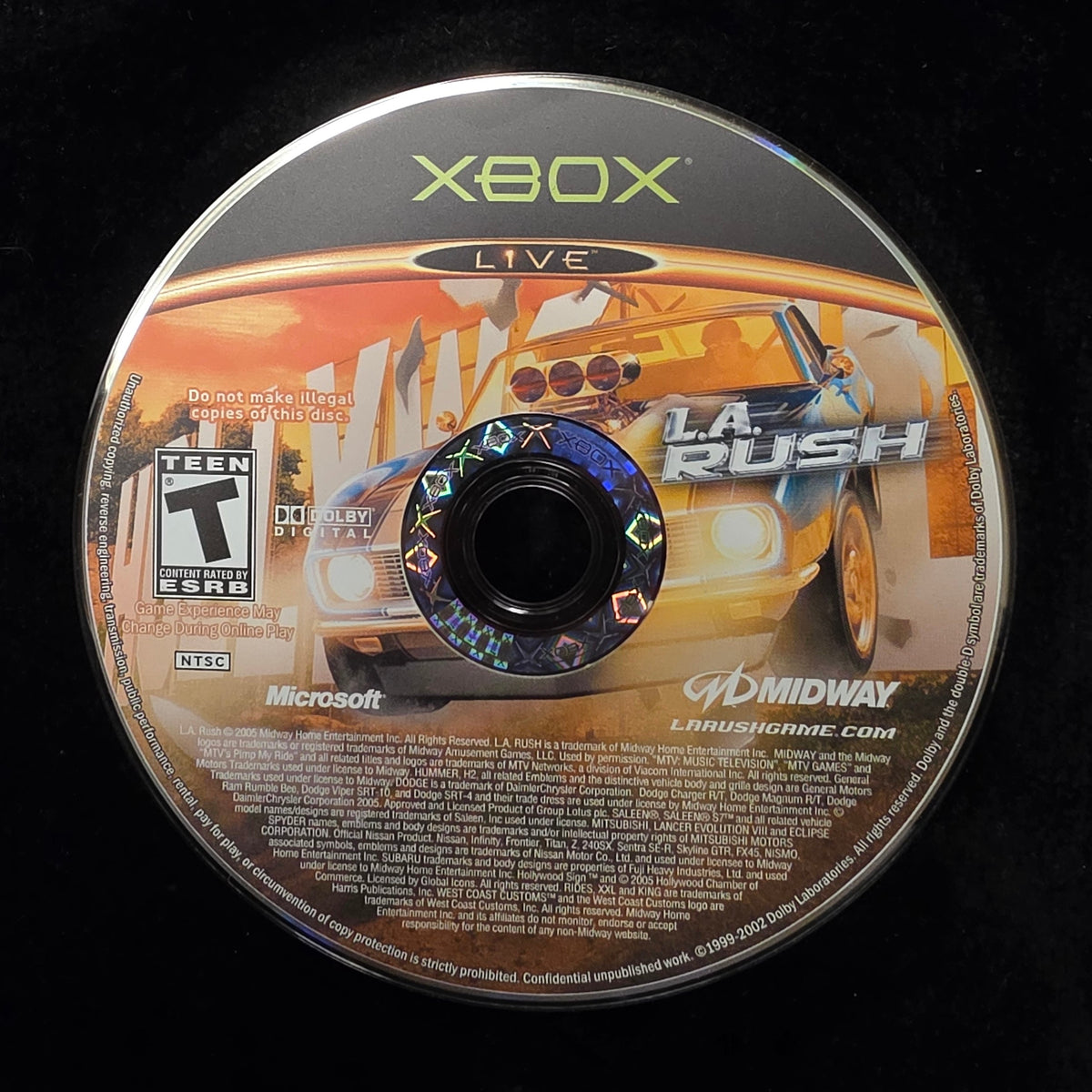 Xbox Live video game disc for 'La Rush' by Midway, displayed on a black surface.