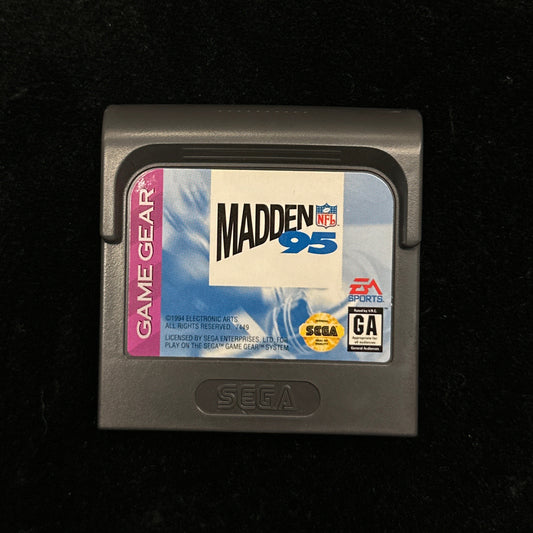 Sega Game Gear cartridge of 'Madden 95' on a black background