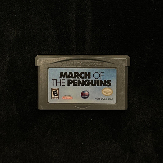 Game cartridge for 'March of the Penguins' on a dark background
