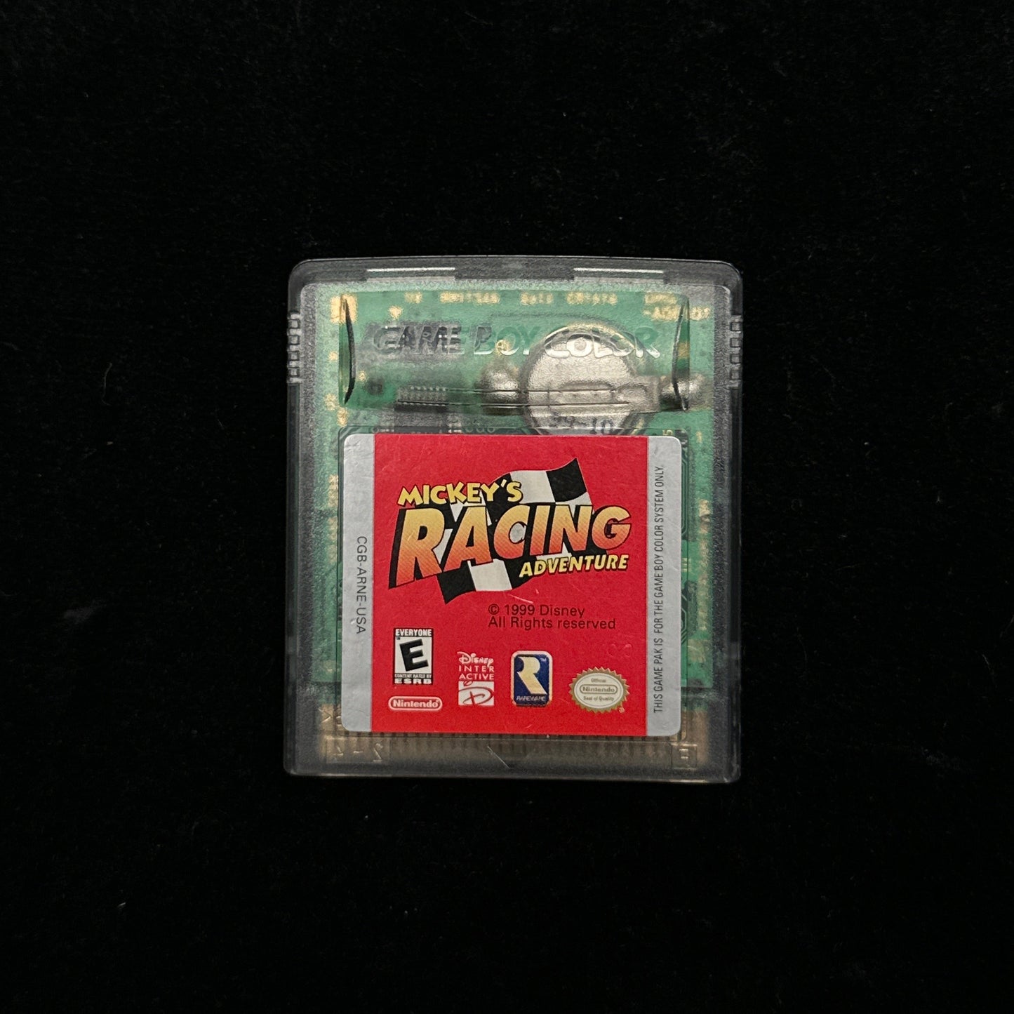Game cartridge with a red label on a black background