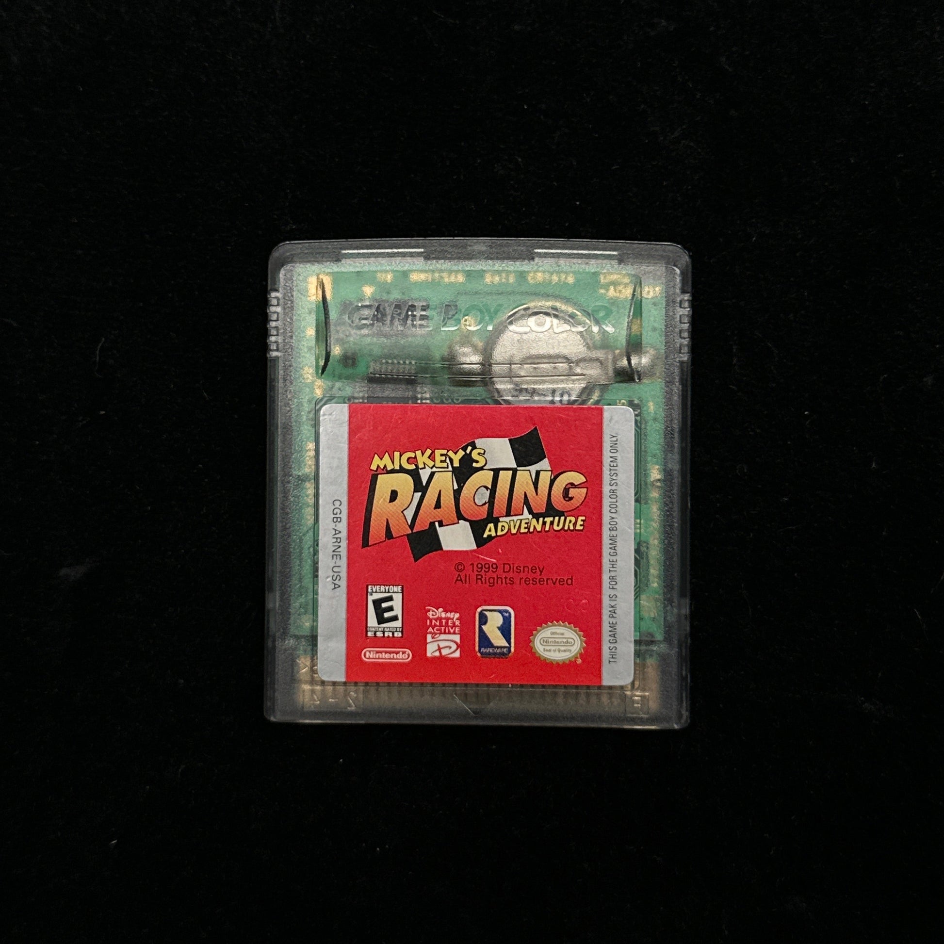 Game cartridge with a red label on a black background