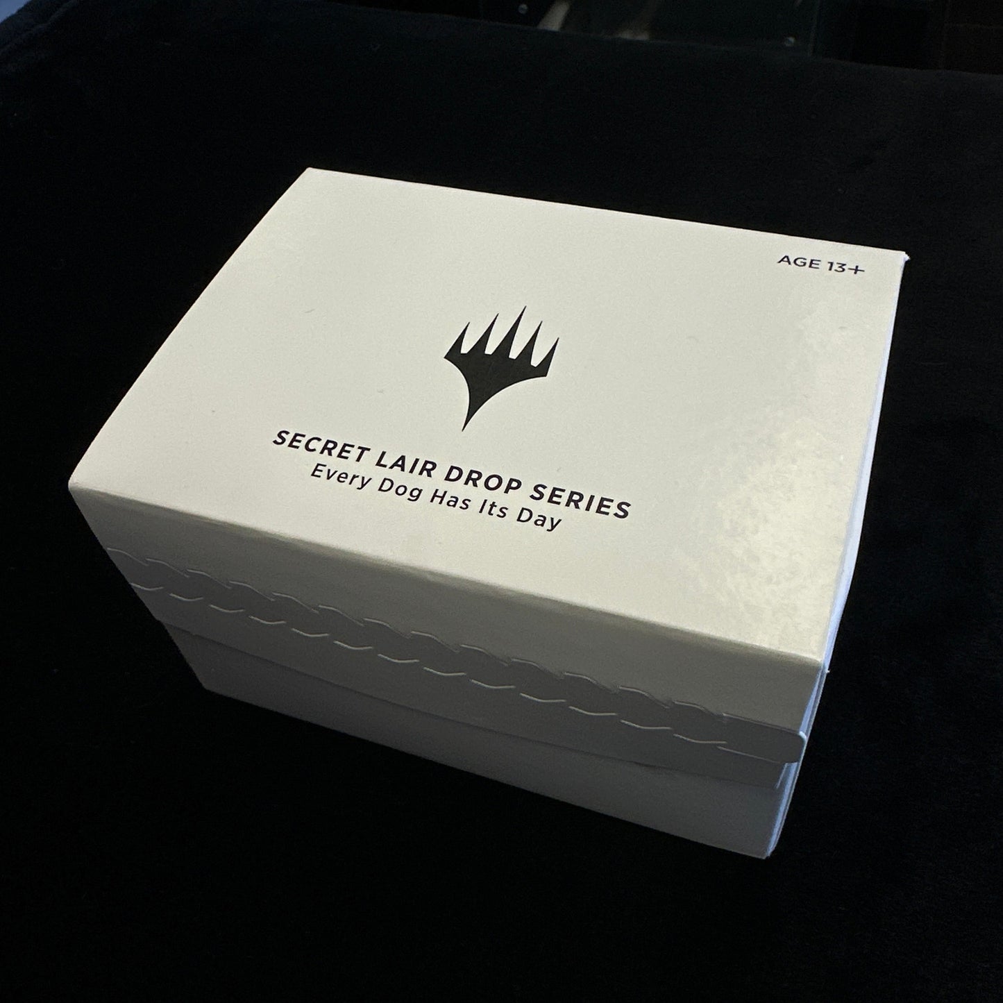White box with black text and MTG logo on a dark background