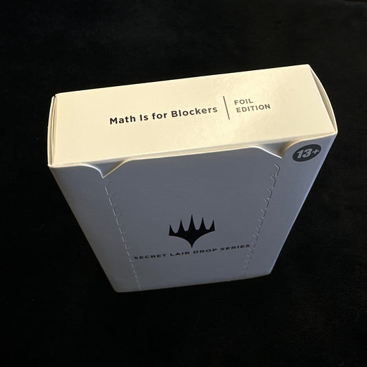 Card game box with 'Math is for Blockers' MTG branding on a dark background