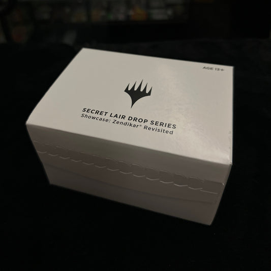 White box with black text and logo on a dark background