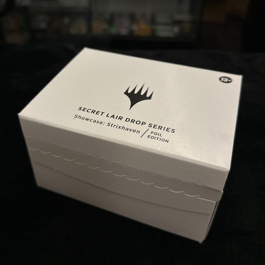 White box with black text and logo on a dark background