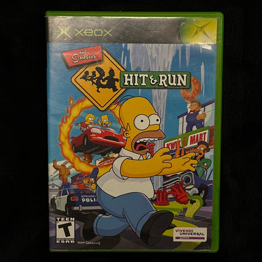 Game cartridge for 'The Simpsons: Hit and Run' on Xbox with colorful graphics on a dark background.