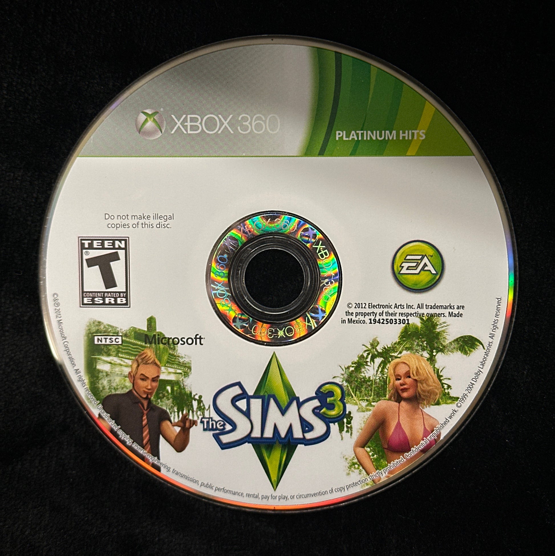 Game disc for 'The Sims 3' on Xbox 360 with EA logo on a black background