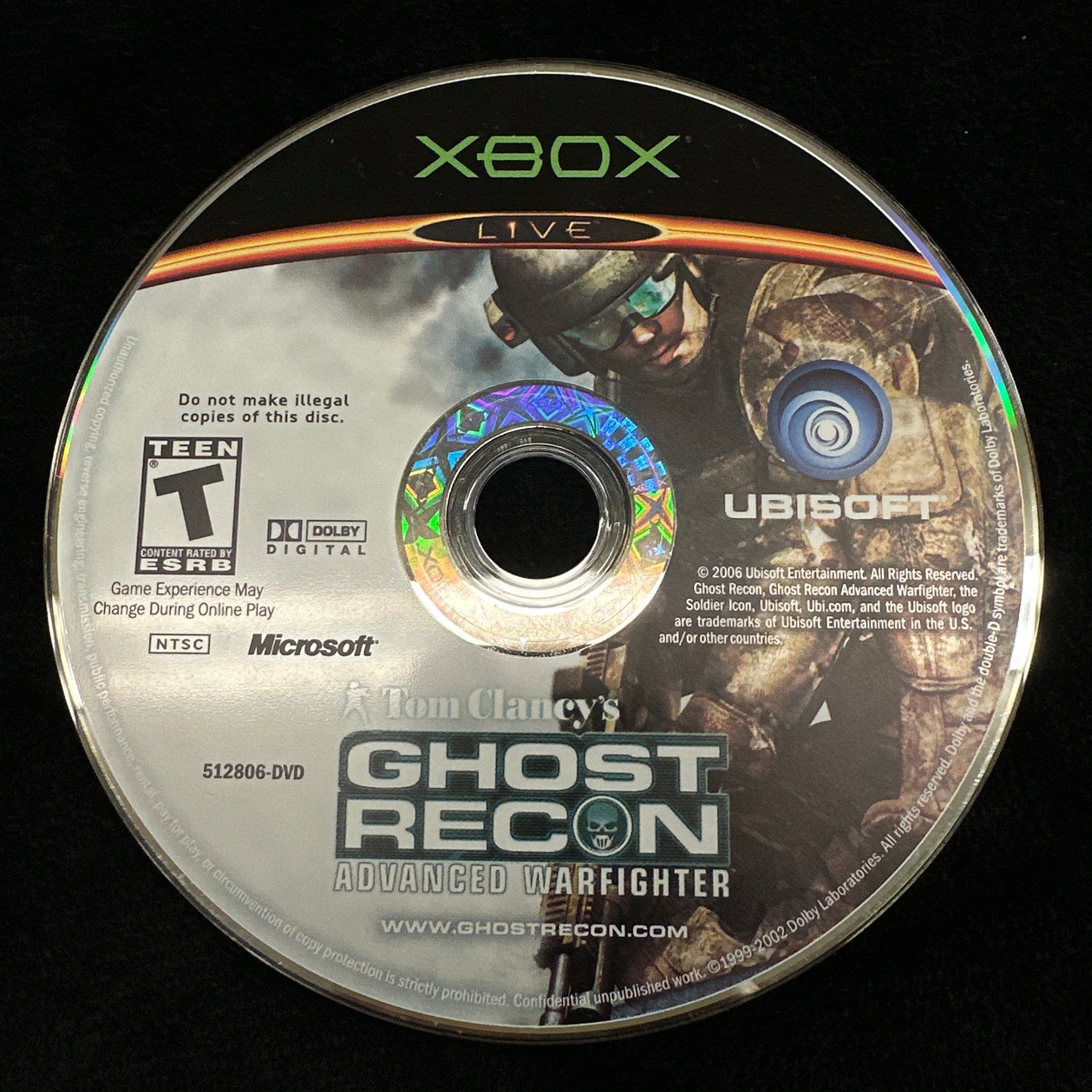 Game disc for 'Ghost Recon: Advanced Warfighter' on an Xbox console.