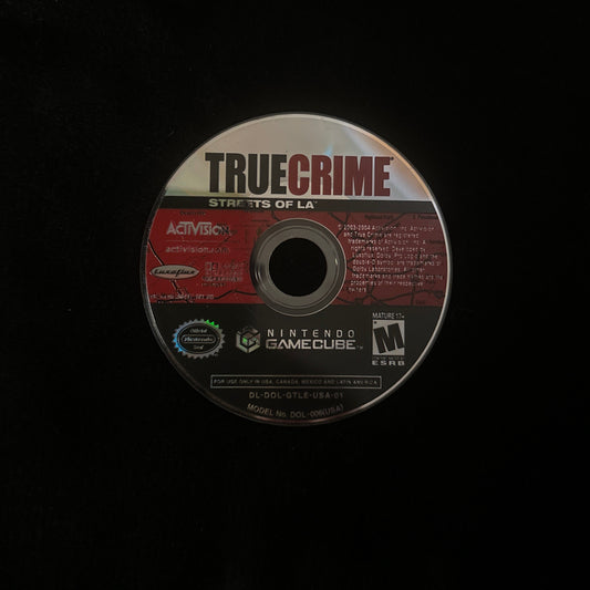 A single True Crime: Streets of LA video game disc centered on a black background.